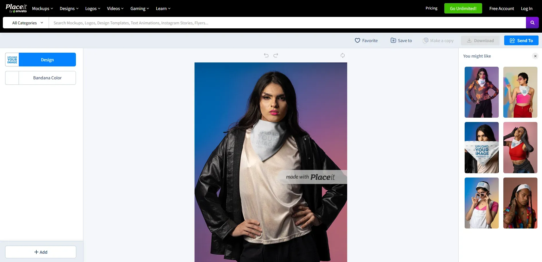 Placeit editor showing a bandana mockup on a model with design upload and color options in the sidebar